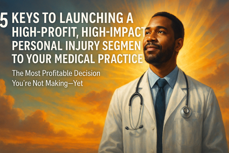 A doctor in a white coat with a stethoscope looks upward toward sunlight, symbolizing growth in a PI medical practice.