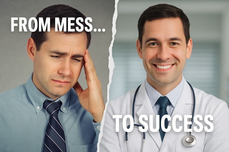 Left shows a stressed man in shirt and tie; right shows him smiling in a doctor’s coat. Text reads “From mess... to success.”