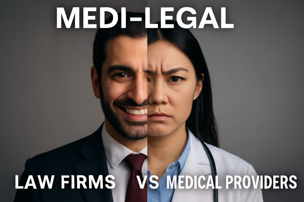 A doctor and an attorney reach toward each other across a gap, symbolizing the balance between law firm ties and medical ethics.