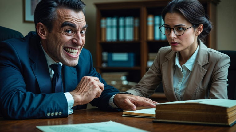 A man in a suit grins widely while sitting beside a serious-looking woman in glasses at a desk with open books in an office setting.