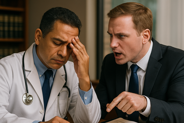 A man in a suit angrily points and speaks to a doctor, who looks stressed and rests his head on his hand.
