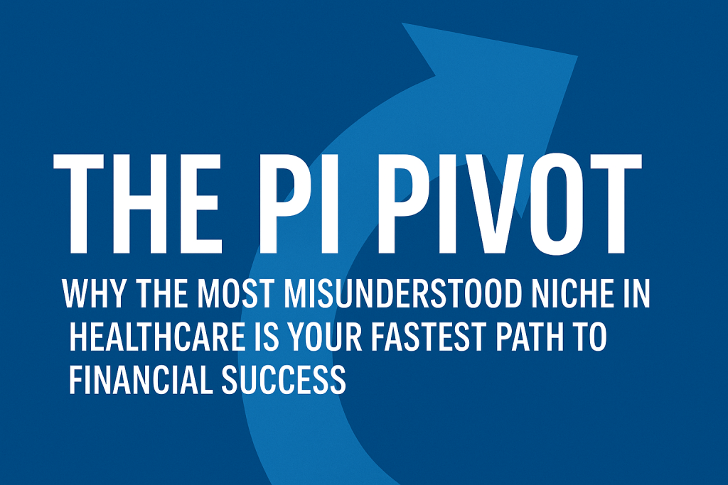 The PI Pivot: Why the most misunderstood niche in healthcare is your fastest path to financial success. Blue graphic with a large upward arrow symbolizing growth.
