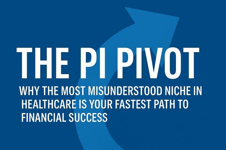 The PI Pivot: Why the most misunderstood niche in healthcare is your fastest path to financial success. Blue graphic with a large upward arrow symbolizing growth.