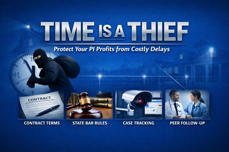 A conceptual image titled Time is a Thief showing a burglar next to a clock, with four icons below representing solutions for protecting personal injury profits: contract terms, state bar rules, case tracking, and peer follow up.