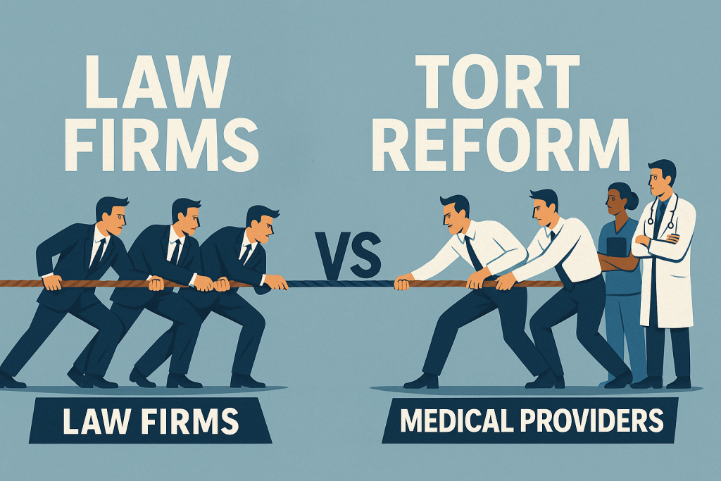 Illustration depicting a tug-of-war. On the left, three men labeled "Law Firms" pull on a rope labeled "LAW FIRMS." On the right, three men labeled "TORT REFORM" pull against them, while a group of three medical professionals (two doctors and one nurse) labeled "MEDICAL PROVIDERS" stand watching on the Tort Reform side.
