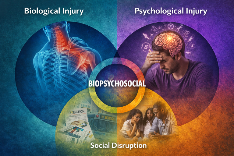 A medical illustration showing the three pillars of the biopsychosocial model in personal injury: Biological Injury, Psychological Injury, and Social Disruption.