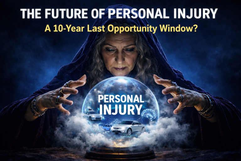 A mystical fortune teller in a dark cloak peering into a glowing crystal ball that displays self-driving cars and an AI brain icon under the text "PERSONAL INJURY."