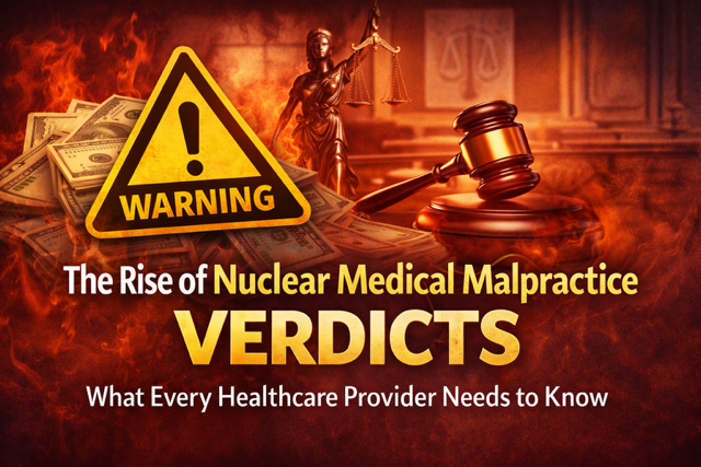 A warning sign over a pile of money in a courtroom setting with text reading "The Rise of Nuclear Medical Malpractice Verdicts: What Every Healthcare Provider Needs to Know."