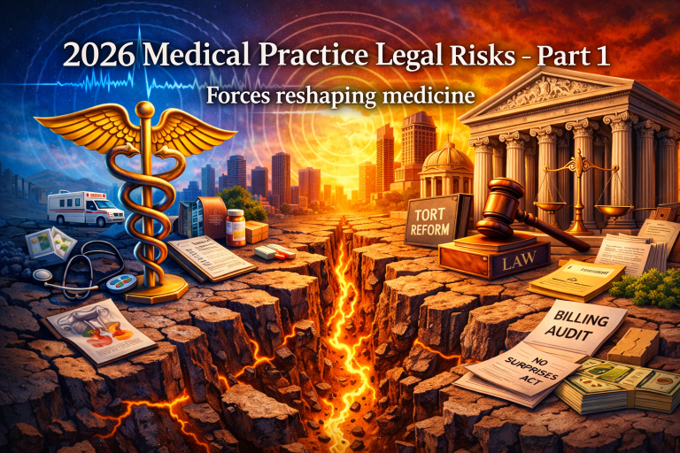 A conceptual digital artwork titled "2026 Medical Practice Legal Risks," depicting a glowing fissure in the earth separating medical symbols like a caduceus and ambulance from legal elements like a courthouse, gavel, and documents labeled Tort Reform and Billing Audit.
