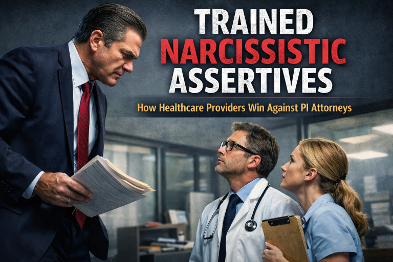 A powerful attorney in a suit looming over a male doctor and female nurse in scrubs, looking down at them aggressively while holding legal documents.