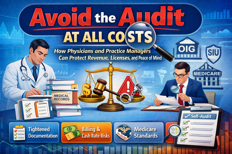 An illustrated infographic titled Avoid the Audit at All Costs showing a doctor reviewing medical records and an auditor with a magnifying glass examining compliance documents.