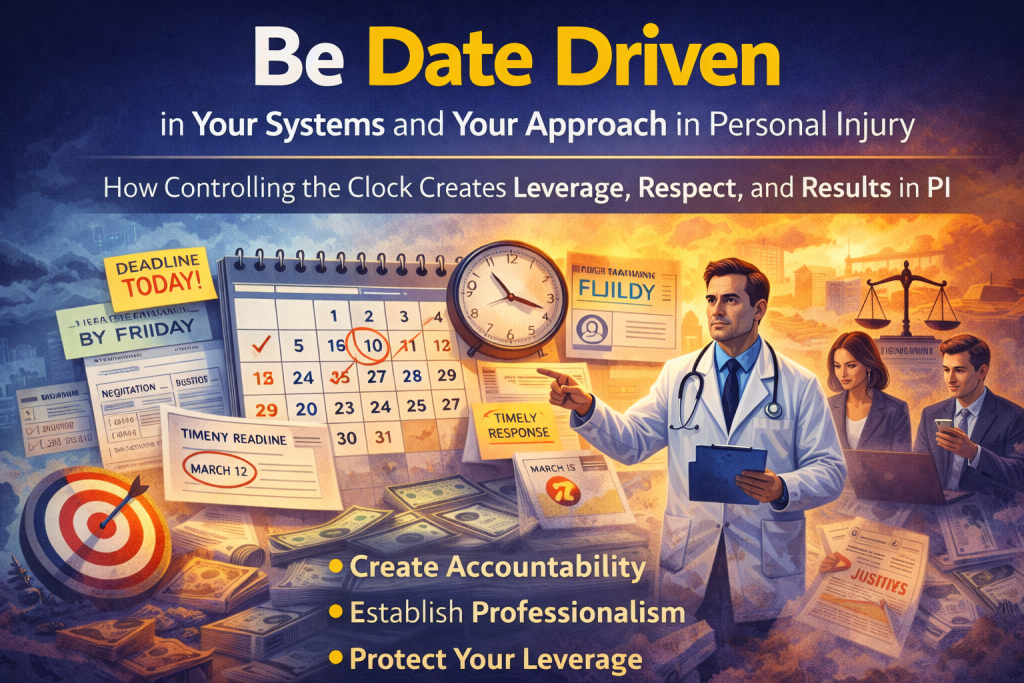 A doctor in a lab coat points at a large calendar and a clock surrounded by deadlines, cash, a bullseye target, and legal professionals, illustrating a date-driven personal injury workflow.