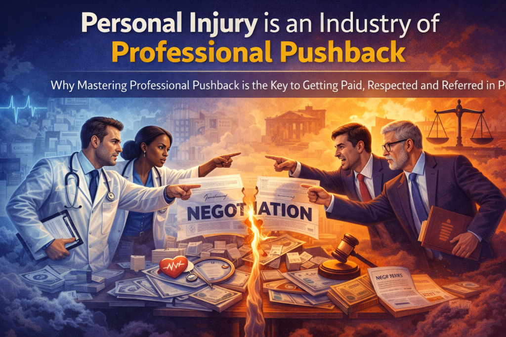 A split-screen illustration showing medical professionals in lab coats on the left and attorneys in business suits on the right pointing at each other over a torn document labeled negotiation, representing conflict in the personal injury industry.