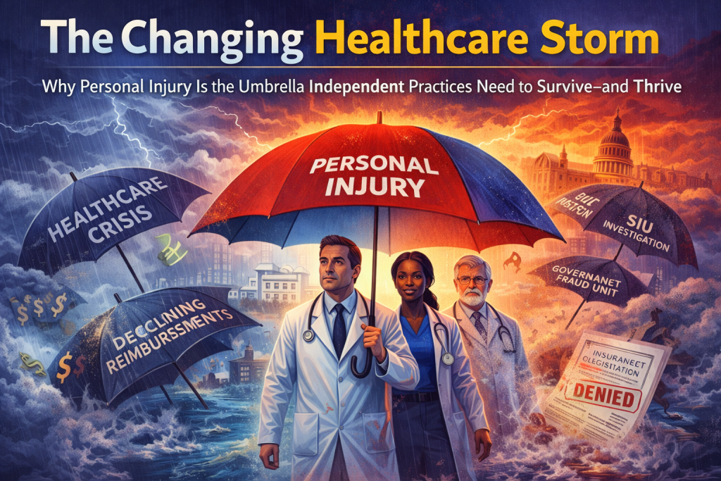 Medical professionals standing together under a large red and blue umbrella labeled Personal Injury protecting them from a healthcare storm filled with dark umbrellas symbolizing declining reimbursements, healthcare crisis, and SIU investigations.