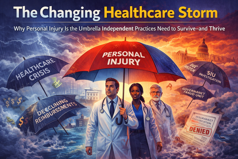 Medical professionals standing together under a large red and blue umbrella labeled Personal Injury protecting them from a healthcare storm filled with dark umbrellas symbolizing declining reimbursements, healthcare crisis, and SIU investigations.