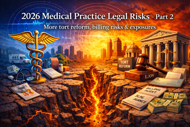 A conceptual digital graphic depicting a literal legal fault line split down the center of a landscape, separating a medical caduceus and ambulance on the left from a legal courthouse, gavel, and billing audit papers on the right under a dramatic orange and blue sky.