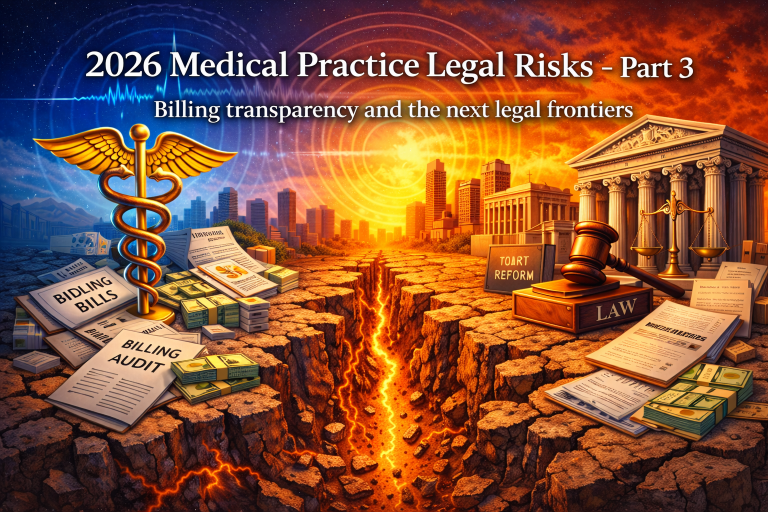 Conceptual illustration of a medical caduceus and a legal gavel on cracked earth splitting a city landscape, symbolizing 2026 medical practice legal risks and billing transparency audits.