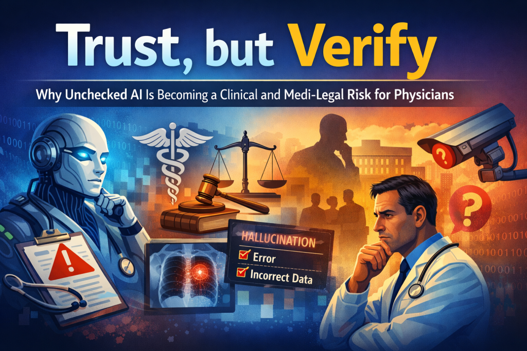 A conceptual digital illustration titled "Trust, but Verify" showing a thoughtful physician reviewing medical data alongside an AI robot, with law symbols, medical charts, and a warning about AI hallucination errors.