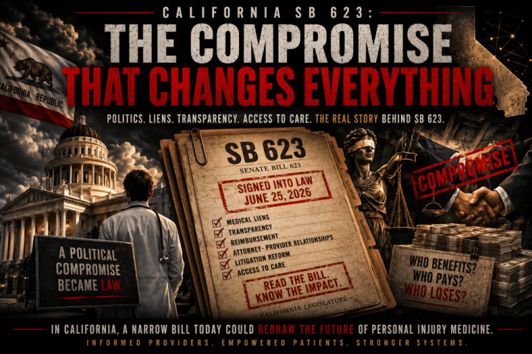 Dramatic graphic for California SB 623 showing a hand holding a redacted legislative document under a stormy sky, with the California Capitol building and a group of corporate or political figures standing over stacks of money.