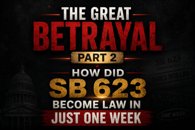 Title graphic reading "The Great Betrayal Part 2: How Did SB 623 Become Law in Just One Week?" with a dark background featuring the California State Capitol dome.