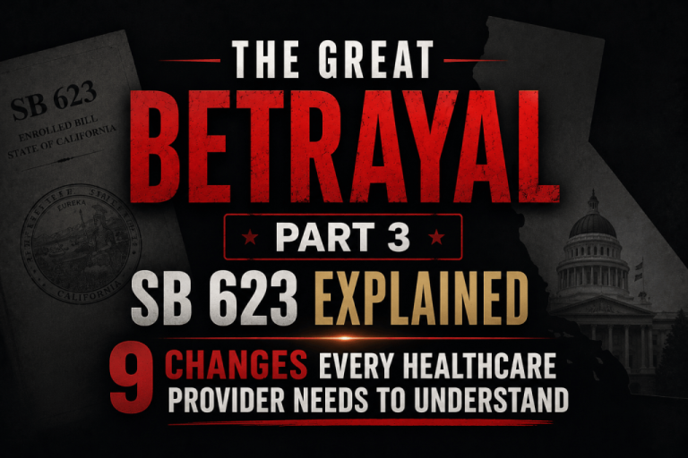 The Great Betrayal Part 3 featured image titled SB 623 Explained: 9 Changes Every Healthcare Provider Needs to Understand, featuring the State of California seal and Capitol building.