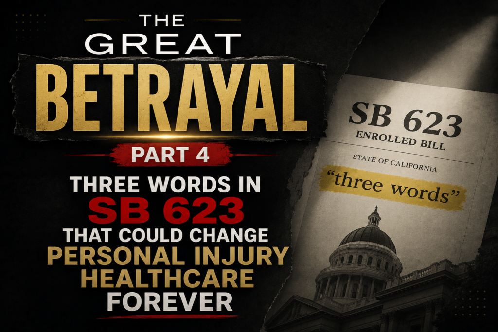 Graphic title card reading The Great Betrayal Part 4: Three Words in SB 623 That Could Change Personal Injury Healthcare Forever alongside a document of California Senate Bill 623.