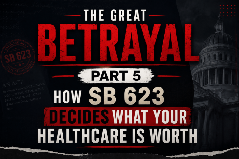 Title graphic for "The Great Betrayal Part 5: How SB 623 Decides What Your Healthcare Is Worth" featuring a California State Capitol building overlay.