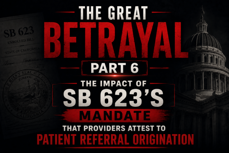 Title graphic for The Great Betrayal Part 6 highlighting California SB 623's mandate on provider attestations for patient referral originations, featuring the California state seal and capitol dome.