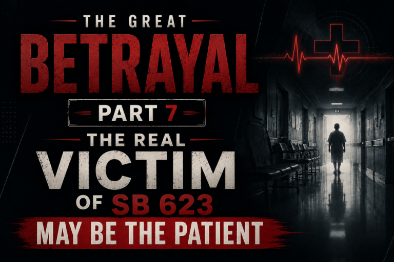 Title graphic for The Great Betrayal Part 7 showing text about SB 623 and a patient standing in a dim hospital hallway.