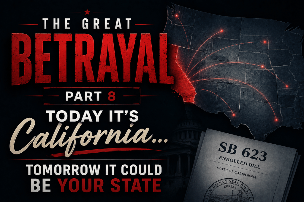 Header graphic for "The Great Betrayal - Part 8" blog post, featuring text stating "Today it's California... Tomorrow it could be your state" next to a map of the Western US showing California highlighted in glowing red with lines spreading to other states.