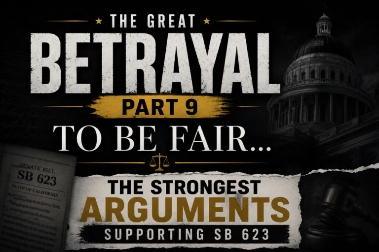 The Great Betrayal Part 9: To Be Fair... The Strongest Arguments Supporting SB 623 featured graphic showing a capitol dome, scales of justice, and a SB 623 document.