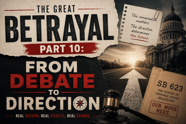 Graphic for The Great Betrayal Part 10 titled From Debate to Direction, featuring a capitol building, a road leading forward, a gavel, and an SB 623 document folder.